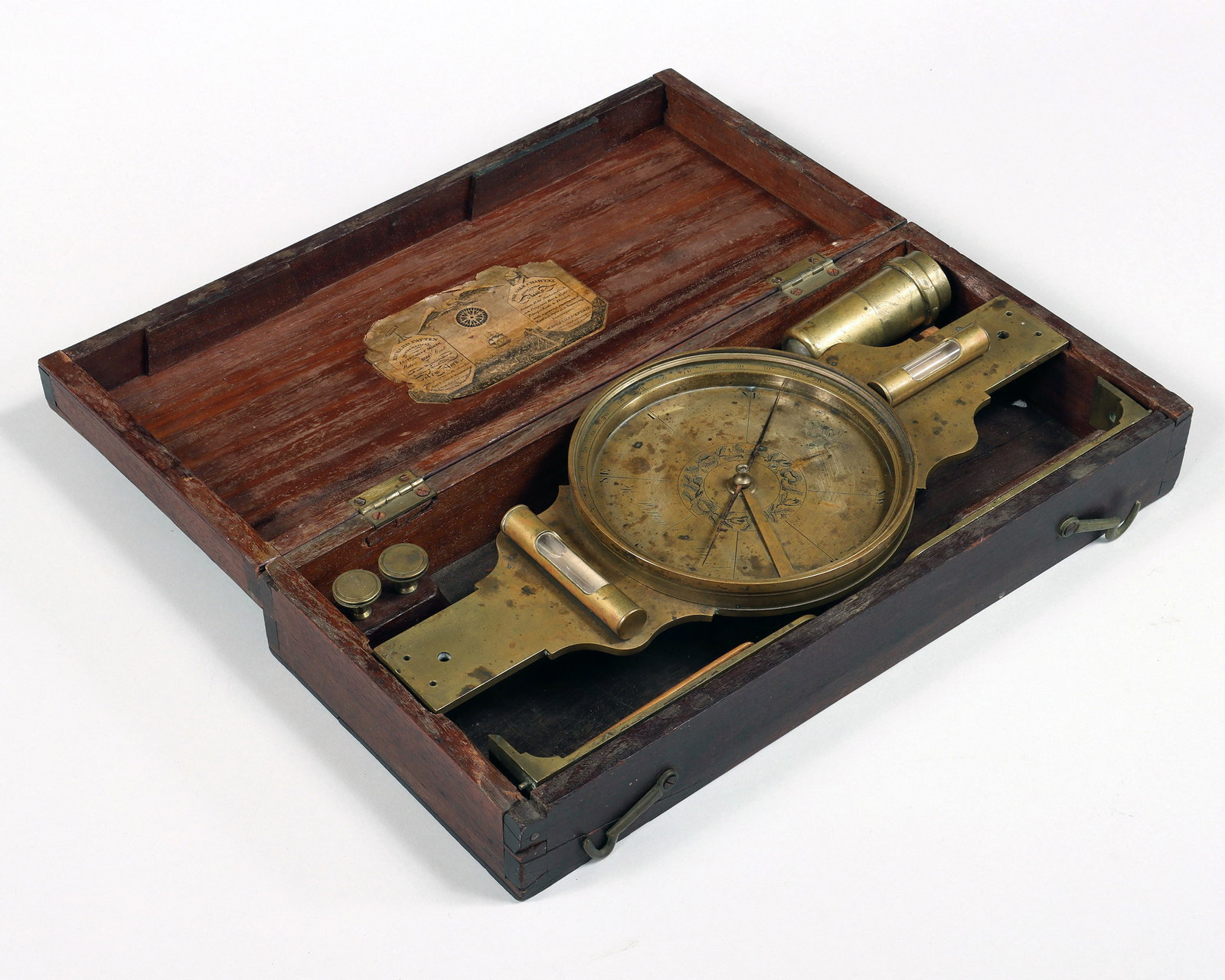 Brass Vernier Compass: Brass Vernier Compass Richard Patten, New York, NY, 19th century having dial with cardinal directions, fleur-de-lis to indicate "North", and a band of floral decoration, signed "R. Patten, N. York.", 