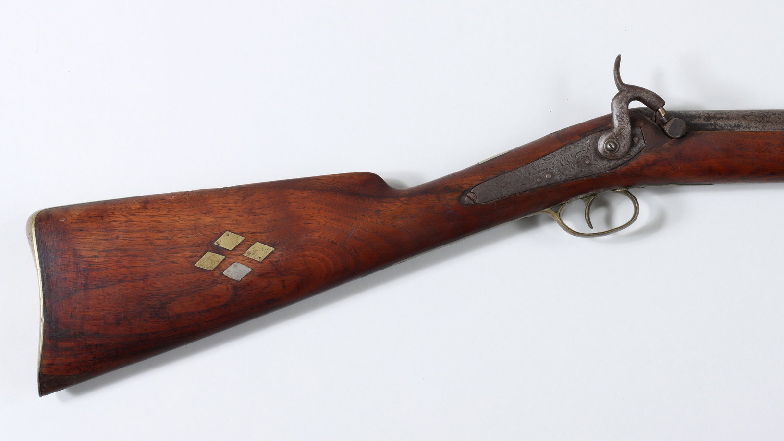 L. Hemenway Half-Stock Percussion Fowling Musket: L. Hemenway Half-Stock Percussion Fowling Musket in 60 Caliber The round smooth bore barrel measures 33" with a rib under the barrel having two ramrod tubes, and a brass tube under the forend tip whic