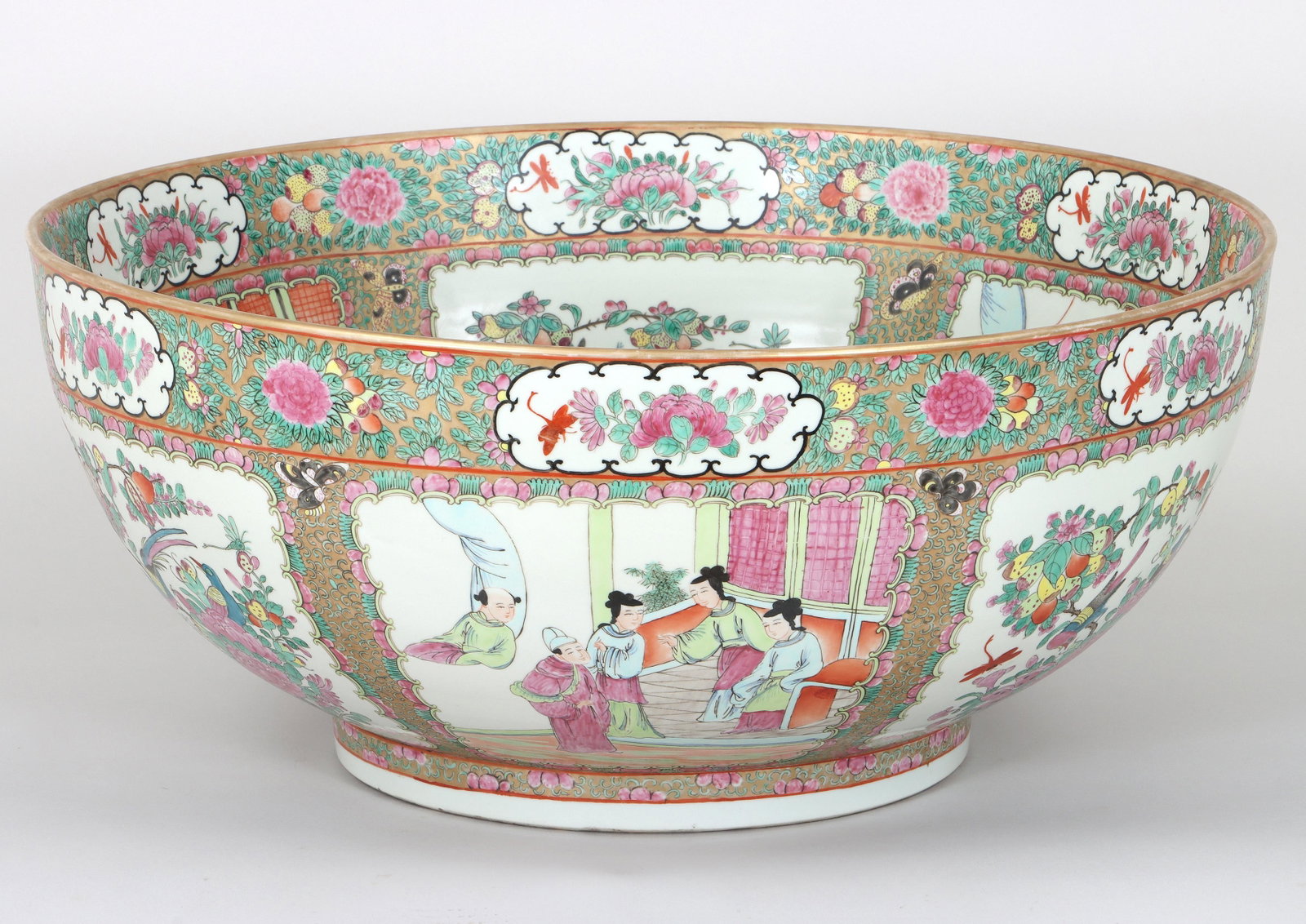 Monumental Chinese Famille Rose Bowl: Monumental Chinese Famille Rose Medallion Porcelain Bowl the top borders having a repeating floral landscape with a dragonfly, enclosed by scalloped borders and surrounded by floral design on gilt gro