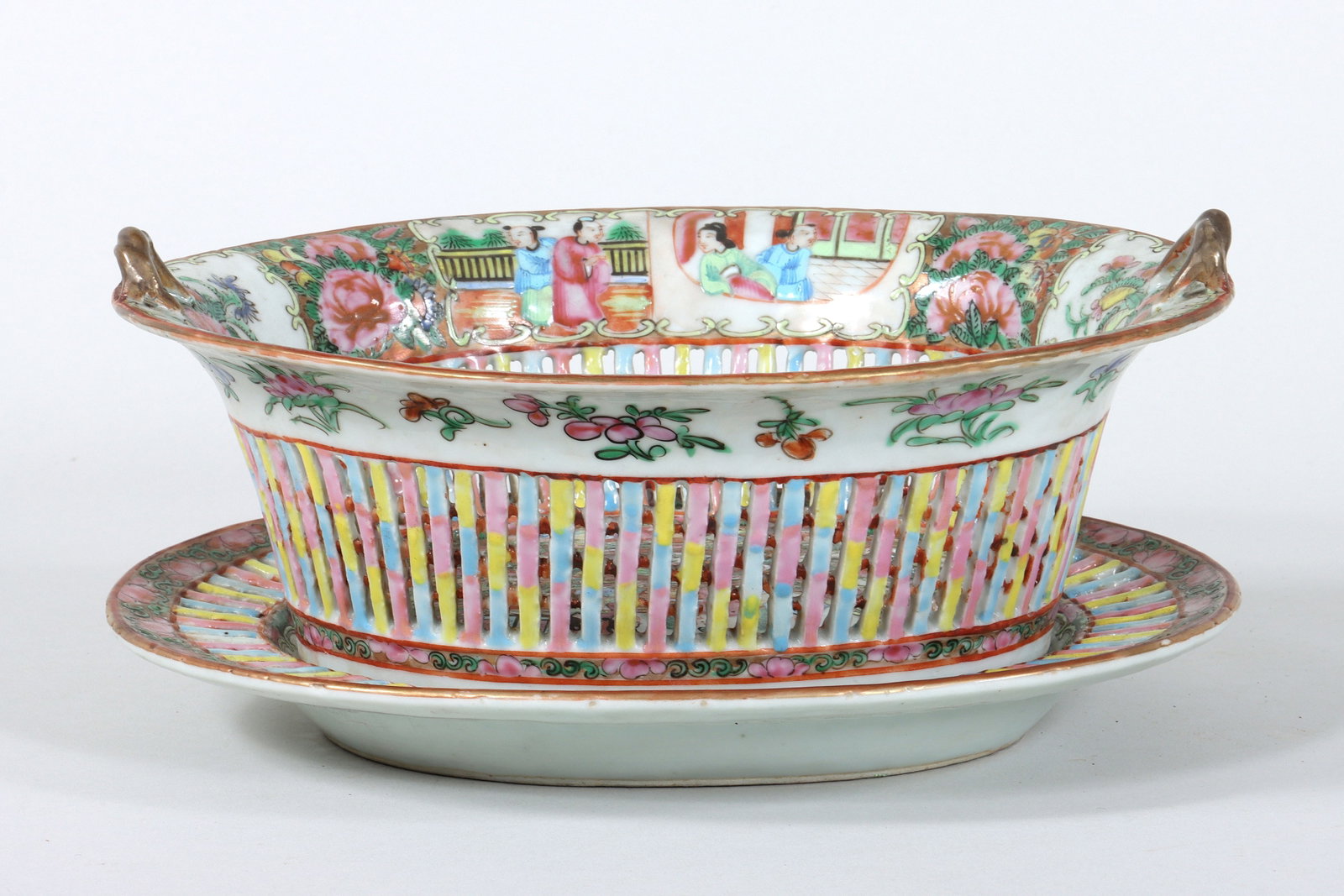 Chinese Famille Rose Medallion Porcelain: Chinese Famille Rose Medallion Porcelain Basket with Underplate having reticulated bands with multicolored decoration, the interiors having medallions with birds and flowers at center, surrounded by e