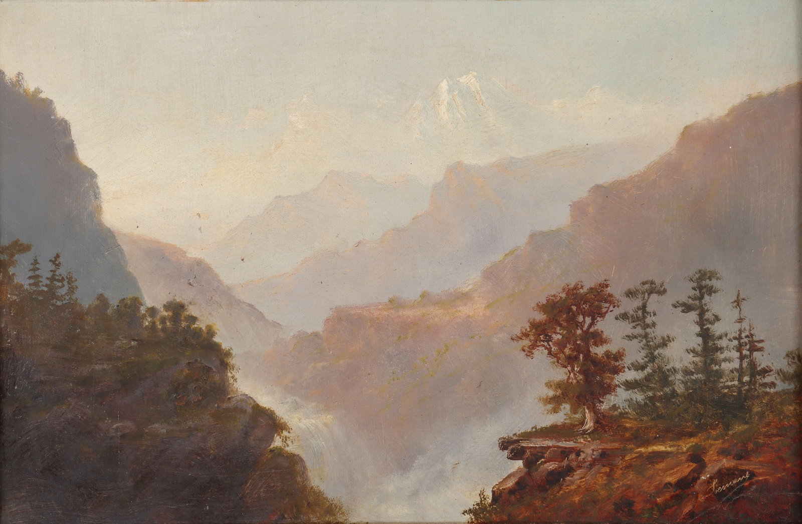 Alexander Francois Loemans (American/Canadian, 1816-1898): Alexander Francois Loemans American/Canadian, 1816-1898 Mountain Landscape with Waterfall oil on board signed "Loemans" lower right, with Beard Art Galleries, Minneapolis, label adhered to frame verso