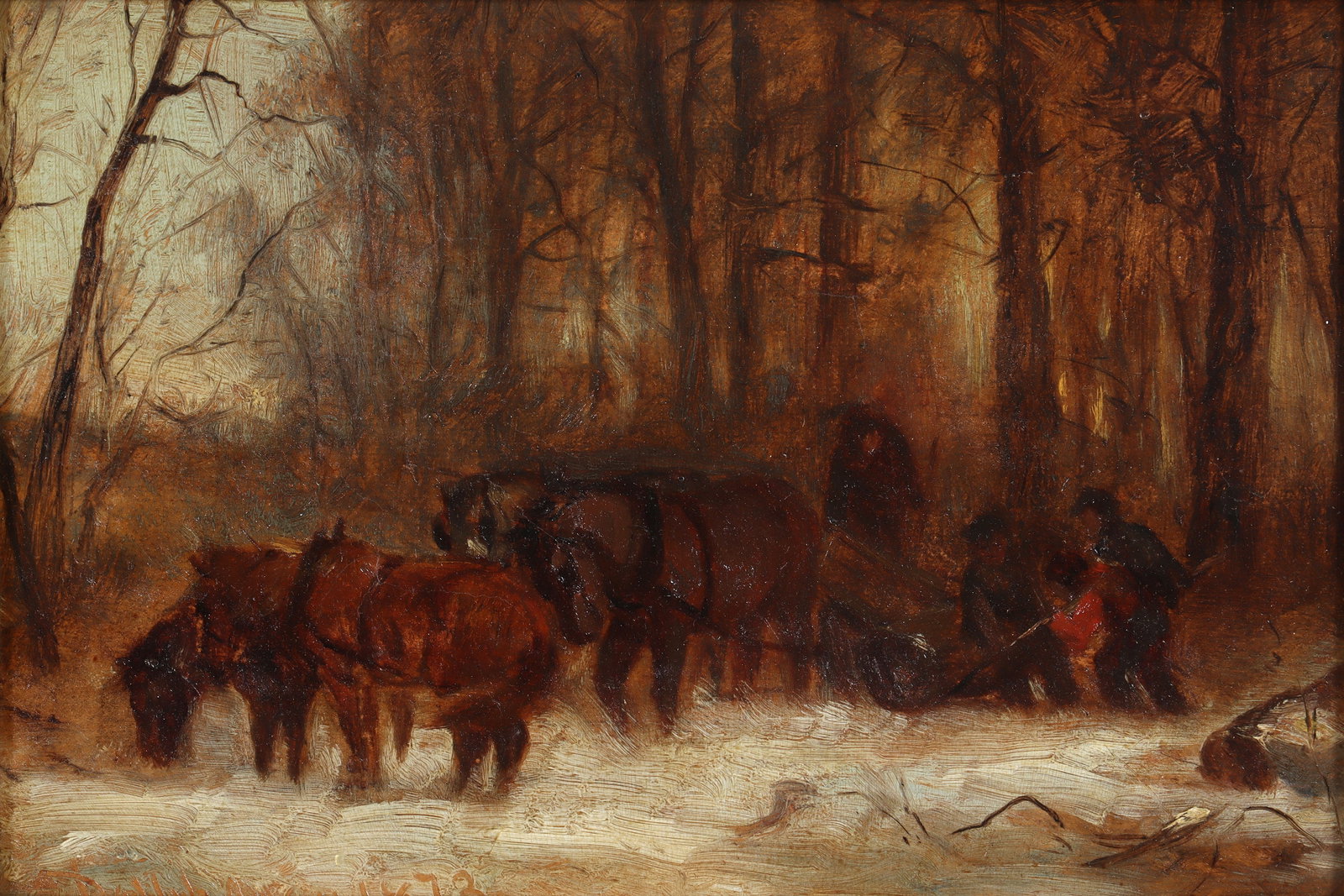 Attr. John Henry Dolph (American, 1835-1903): Attributed to John Henry Dolph American, 1835-1903 Forest Logging Scene with Horses, 1873 oil on canvas bears signature "Dolph" and date "May 1873" at lower left. Canvas 8 x 12 in. (20.3 x 30.5 cm.), 