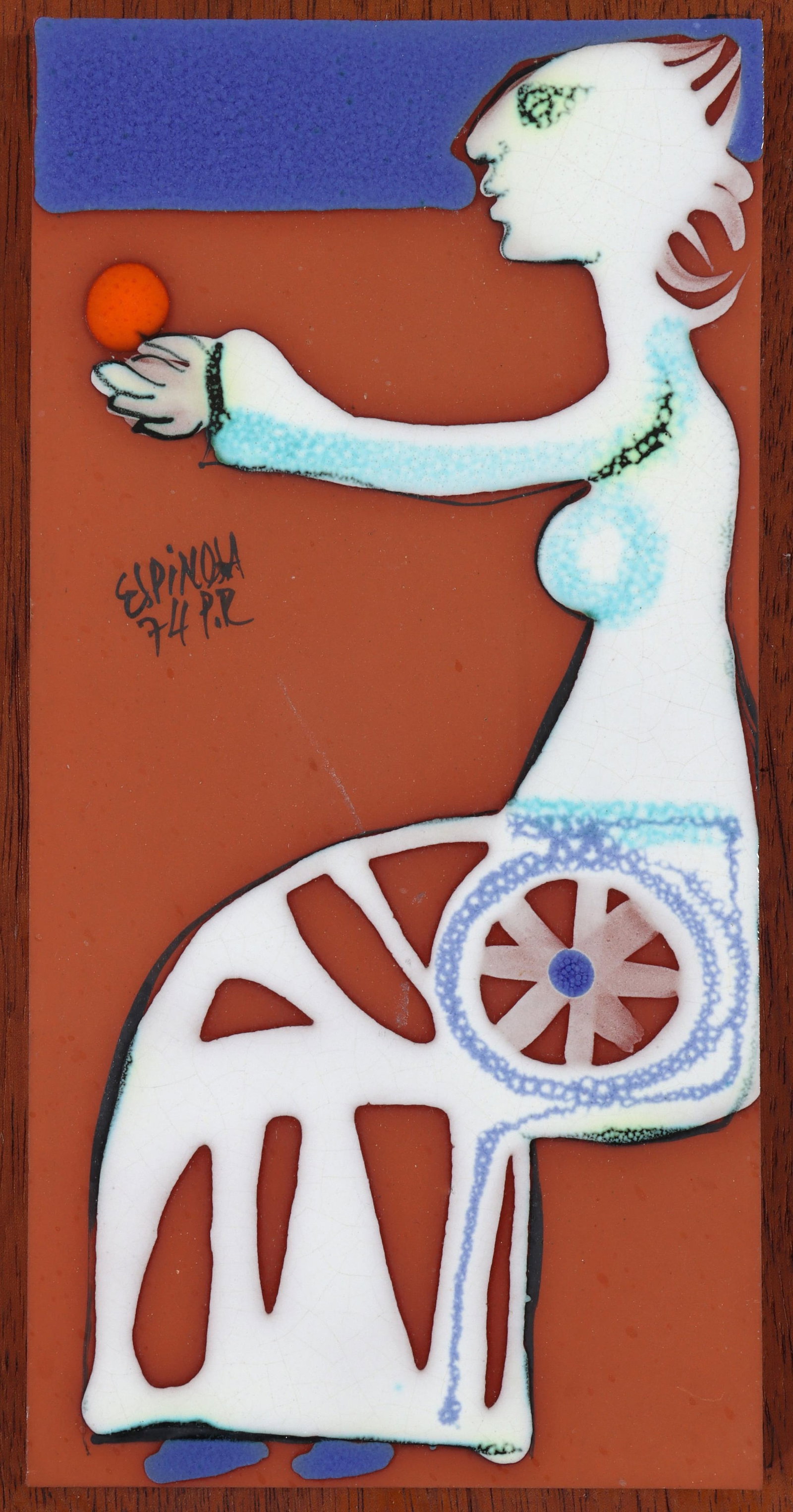 Susana Espinosa (Argentinian, 1933-2022): Susana Espinosa Argentinian, 1933-2022 Art Pottery Tile, 1974 depicting a seated woman holding an orange, signed, dated, and initialed "P.R." for "Puerto Rico", the location of the artist's studio, mo