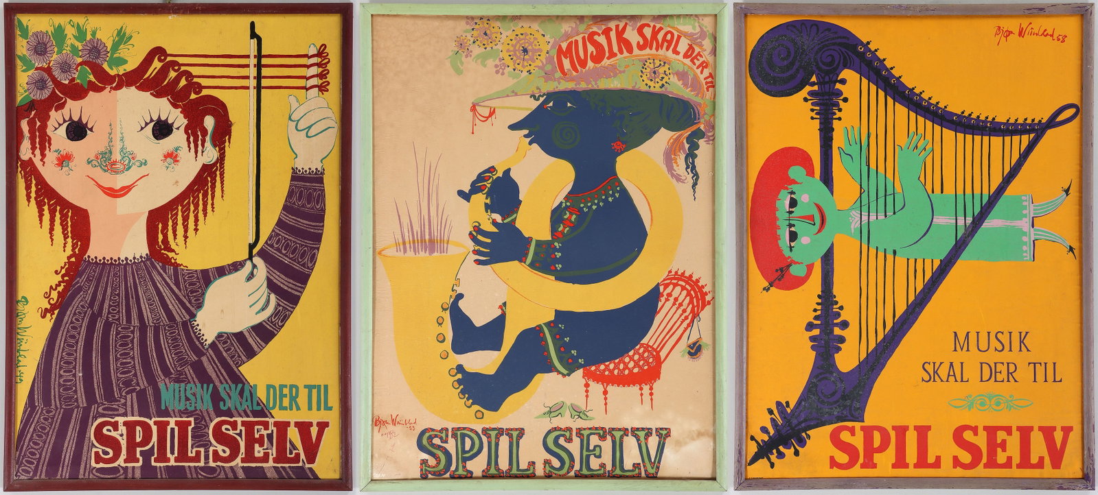 Bjorn Wiinblad (Danish, 1918-2006): Bjorn Wiinblad Danish, 1918-2006 Group of (3) "Spil Selv: Musik Skal der Til" Posters "Play it Yourself: Music is Needed", signed and dated in the images, to include: (2) lithographs in colors, from
