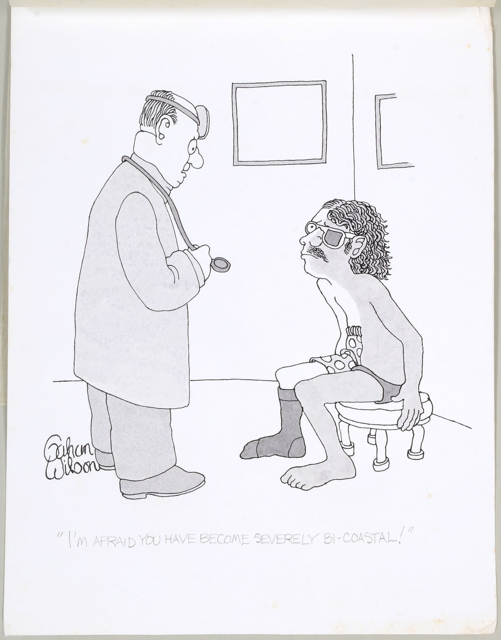 Gahan Wilson (American, 1930-2019): Gahan Wilson American, 1930-2019 "I'm Afraid You Have Become Severely Bi-Coastal!" pen, ink, and wash on paper signed lower left. Unframed. Published: ''Gahan Wilson's Even Weirder'', Forge: New York,
