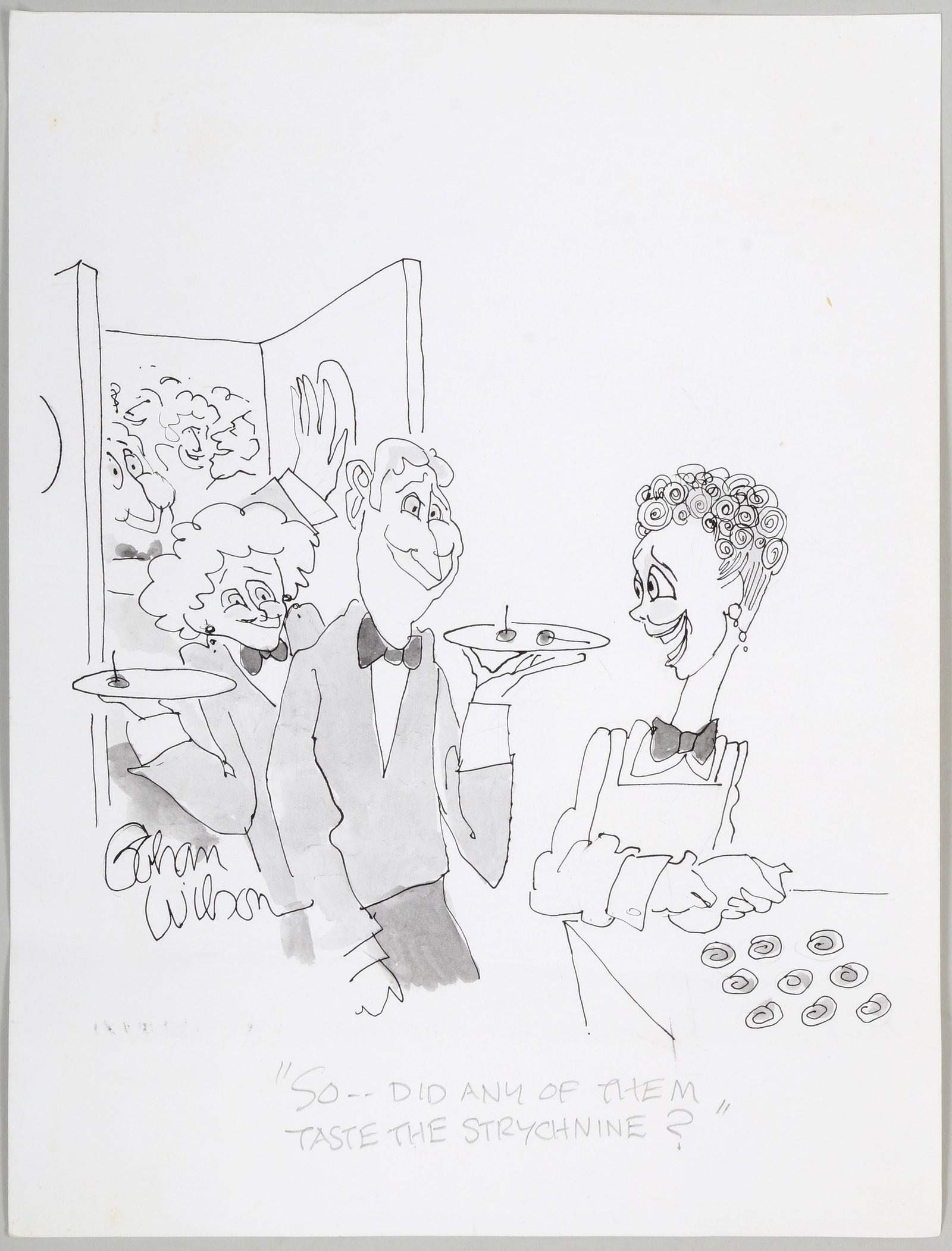 Gahan Wilson (American, 1930-2019): Gahan Wilson American, 1930-2019 "So--Did Any of Them Taste the Strychnine?" pen, ink, and wash on paper signed lower left. Unframed. Published: ''Gahan Wilson's Even Weirder'', Forge: New York, 1996.