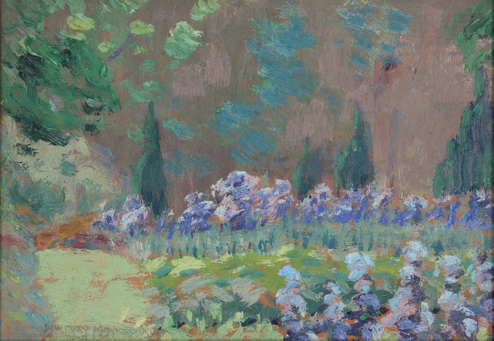 Whitney Myron Hubbard, (American, 1875-1965): Whitney Myron Hubbard American, Long Island, 1875-1965 Summer Garden oil on board signed "Whitney M. Hubbard" lower left. Board 5 1/2 x 7 3/4 in. (14 x 19.7 cm.), Frame 6 1/2 x 8 3/4 in. (16.5 x 22.2 