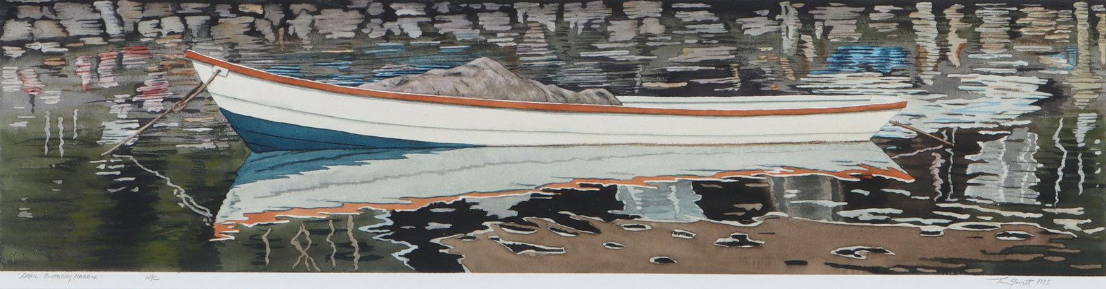 Tom Gavitt (American, 20th/21st Century): Tom Gavitt American, 20th/21st Century "April: Boothbay Harbor", 1995 watercolor on paper pencil signed and dated lower right margin, titled lower left. Matted and framed under acrylic. Sight 8 x 32 i