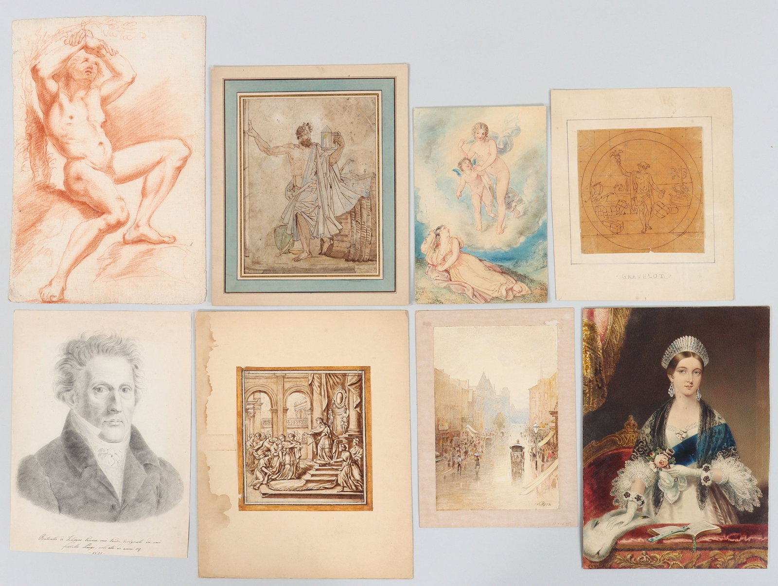 Group of (8) Works on Paper: Group of (8) Works on Paper unframed, to include: Old Master drawing of Diogenes, ink and watercolor on paper, inscribed indistinctly along bottom, (toning, foxing, tears, stains and losses, laid down