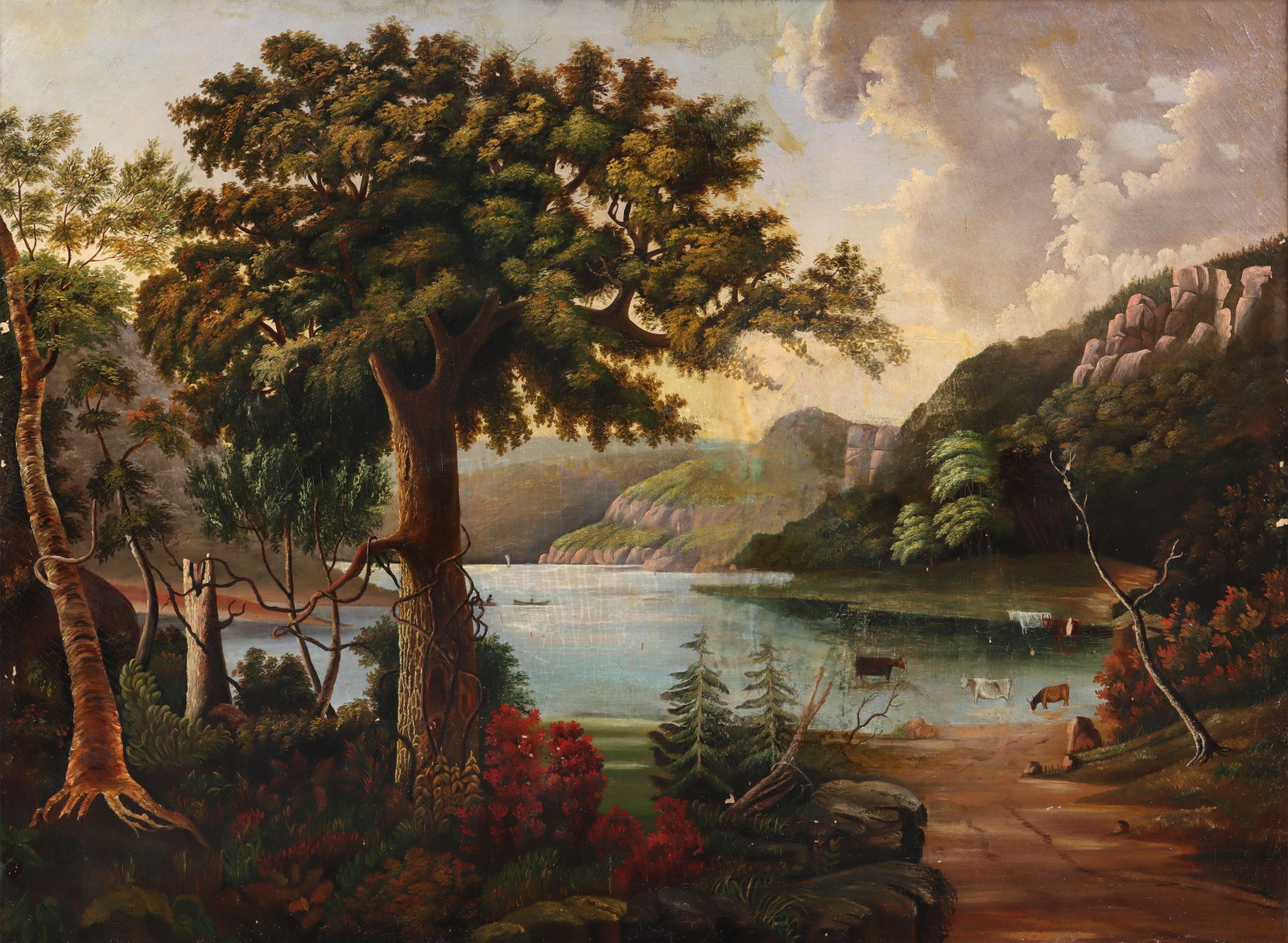 19C Hudson River School Landscape: American School (19th Century), Naive Hudson River School Landscape, oil on canvas unsigned. Canvas 40 x 54 in. (101.6 x 137.2 cm.), Frame 48 x 62 in. (121.9 x 157.5 cm.)