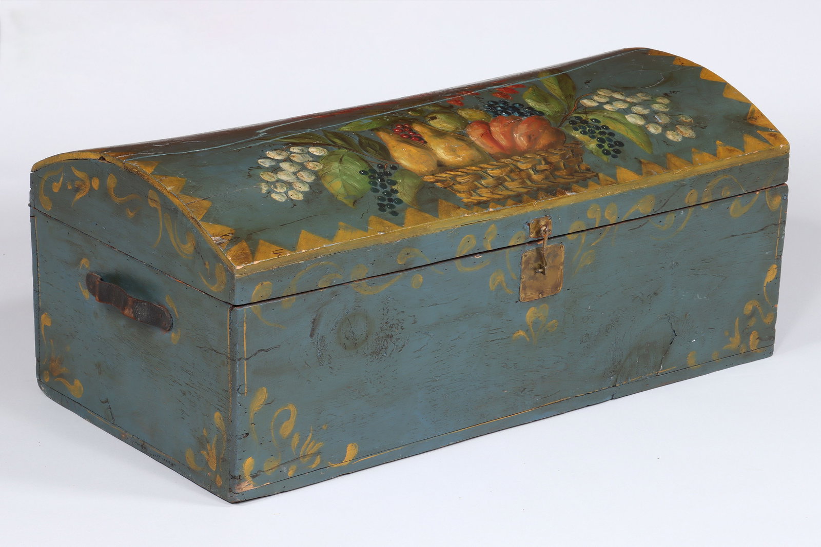 Paint Decorated Dome Top Chest: Paint Decorated Dome Top Chest 19th century, later decorated with fruit basket and flowers on blue ground. 14 3/4 x 35 3/4 x 17 3/4 in. (37.5 x 90.8 x 45.1 cm.)