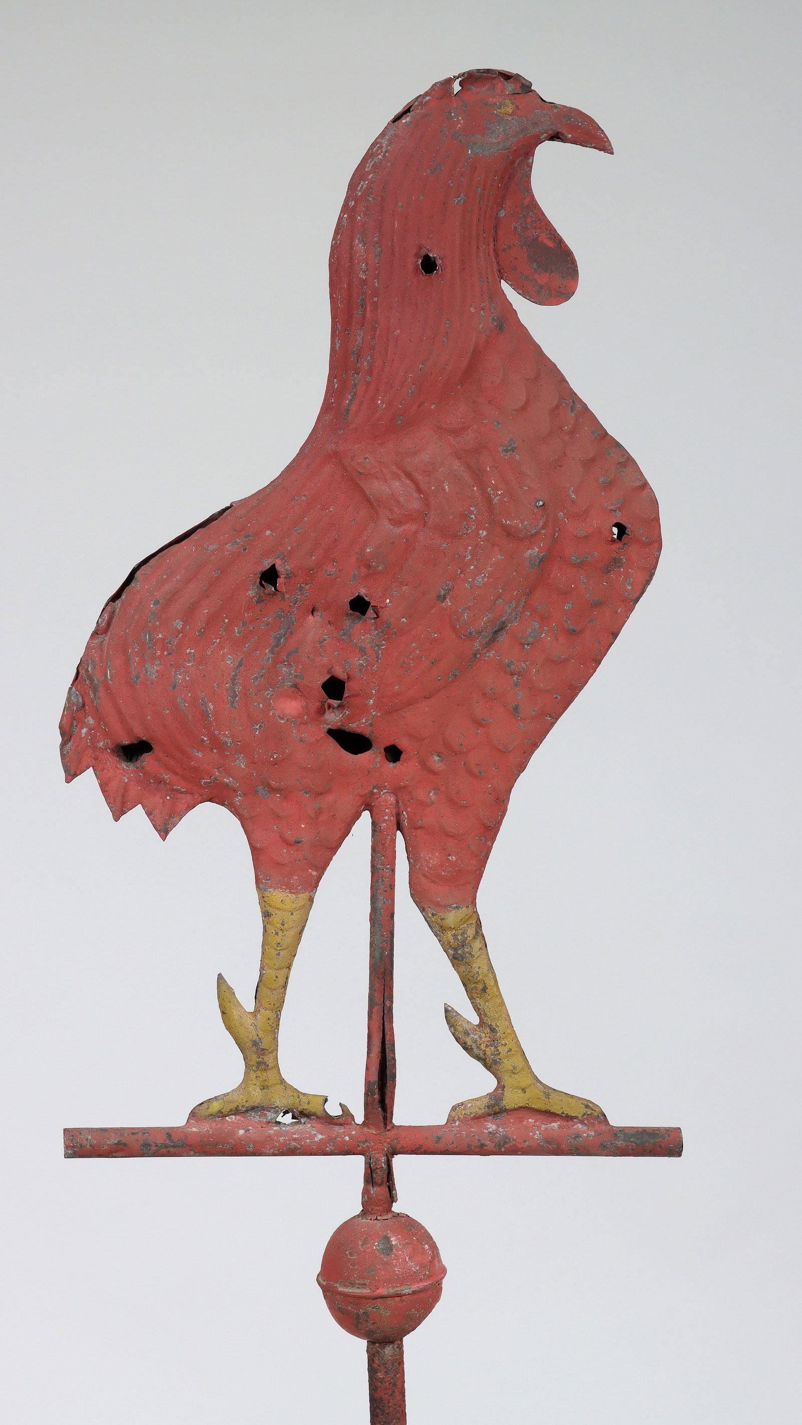 Gamecock Weathervane: Gamecock Weathervane polychrome-painted copper, attached to iron mounting rod. Bird 22 3/4 x 13 in. (57.8 x 33 cm.), Height with rod 77 in. (195.6 cm.)