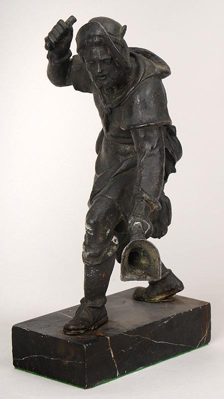 White metal statue of a poacher: White metal statue of a poacher on marble stand, overall 10''h, 5-1/4''w, 2-3/4''d; repair to right hand, possible loss to tool in right hand.