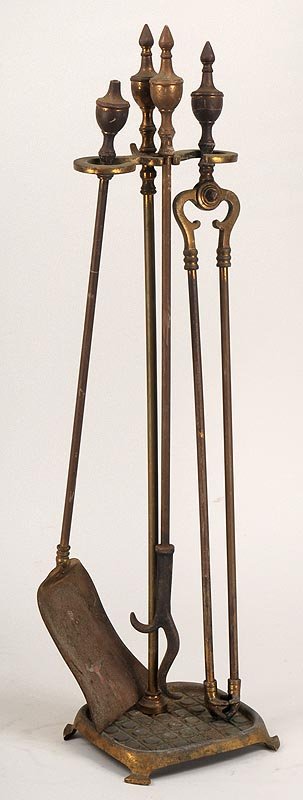 Set of (3) fireplace tools: Set of (3) fireplace tools and stand, 30''h, 7-1/2''w, 6-1/2''d; handle of shovel missing finial.