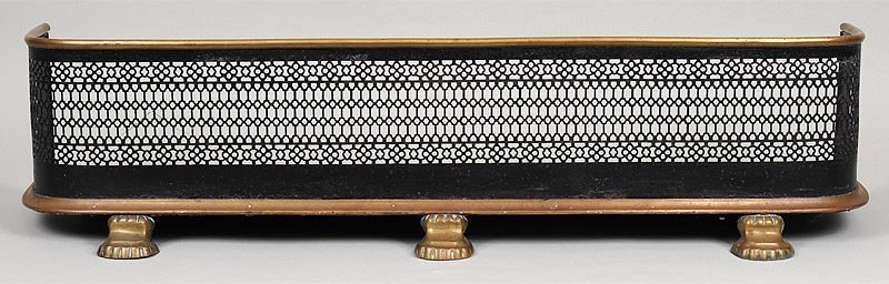 19/20th century fender: 19/20th century brass and metal pierced fireplace fender on paw feet, 9-1/2''h, 40''w, 10''d.
