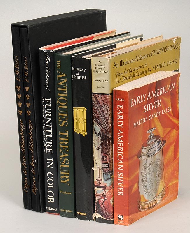 Group of (7) Books on Antiques & Decorative Arts: Group of (7) Books on Antiques & Decorative Arts to include: ''Objets de Jean Schlumberger'' & ''Bijoux de Jean Schlumberger'' together in slipcase, FM Ricci, 1976; ''Furniture in Color'', HD Moleswor