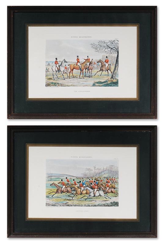 Group of (2) framed hunting prints: Group of (2) framed hunting prints after HENRY THOMAS ALKEN (British, 17785-1851), series titled ''Hunting Qualifications,'' plate one titled ''The Appointment,'' plate two titled ''Getting Away'', im