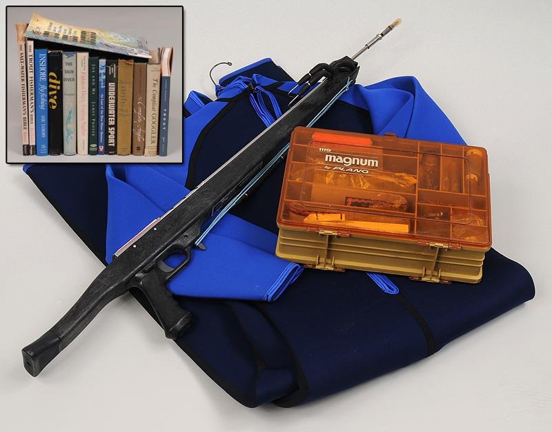 Large group: to include 2 Ocean Ray wet suits: Large group: to include 2 Ocean Ray wet suits (L & XL); Scuba-pro spear gun; 11 books on fishing and a Plano tackle box.