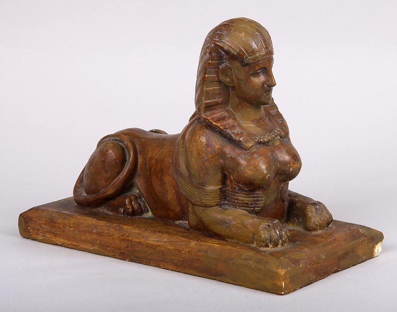 Painted plaster sphinx: Painted plaster sphinx, unmarked, 8-3/4''h, 13''l; chips and some later paint.