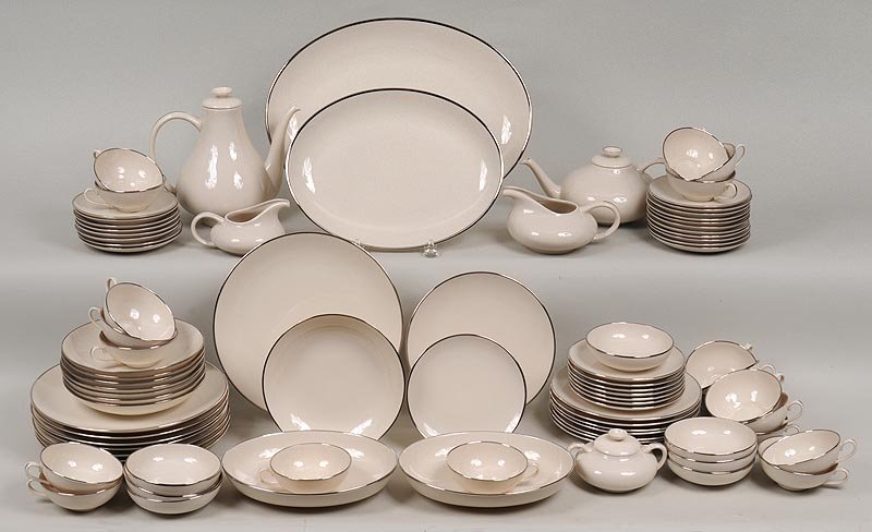 Modern set of china: Modern set of china with silver trim, ''Franciscan Fine China, made in California, U.S.A., Gladding, McBean and Co.,'' partial service for eight to include; 20 teacups, 19 saucers, 8 small plates, 7 s