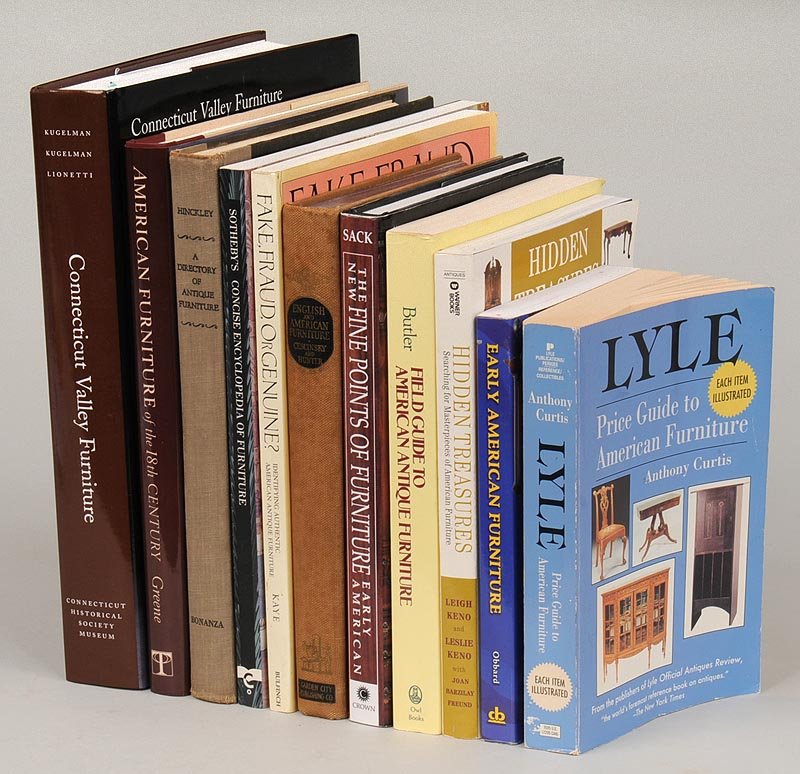 Group of (11) books on antique furniture: Group of (11) books on antique furniture: ''American Furniture of the 18th Century'', J.P. Greene; ''Connecticut Valley Furniture'', T & A Kugelman; ''Sotheby's Concise Encyclopedia of Furniture'', C.