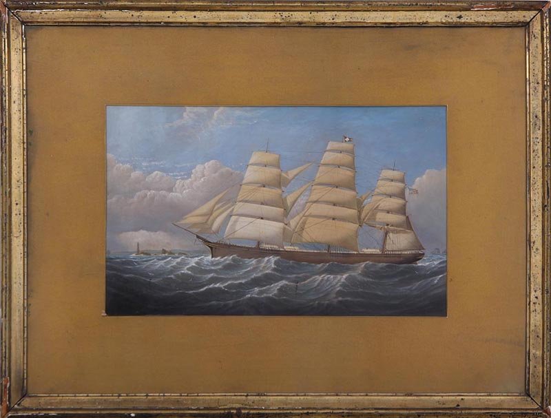 19th century painted print: 19th century painted print of racing clipper ships, 12''h, 19''w; laid down. Provenance: Estate of Bruce A. Sikora, Lee, MA.