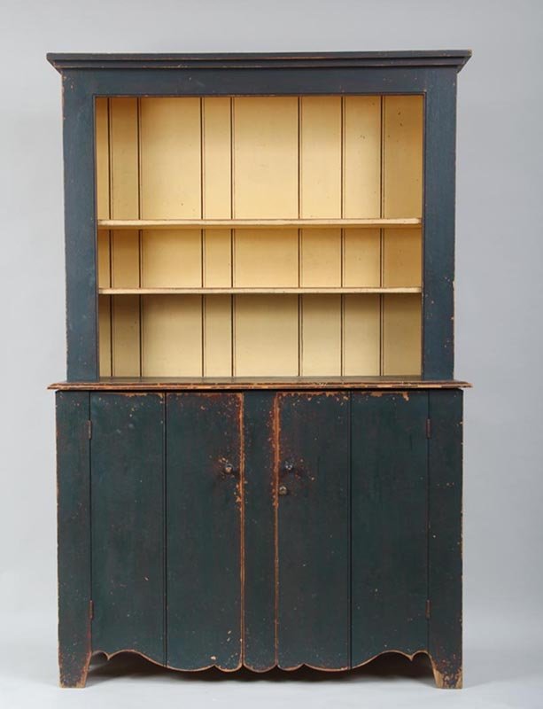 David T. Smith green painted country step-back: David T. Smith green painted country step-back cupboard, 78''h, 50-1/2''w, 19-1/2''d; cylinder lock installed to bottom door, no key.