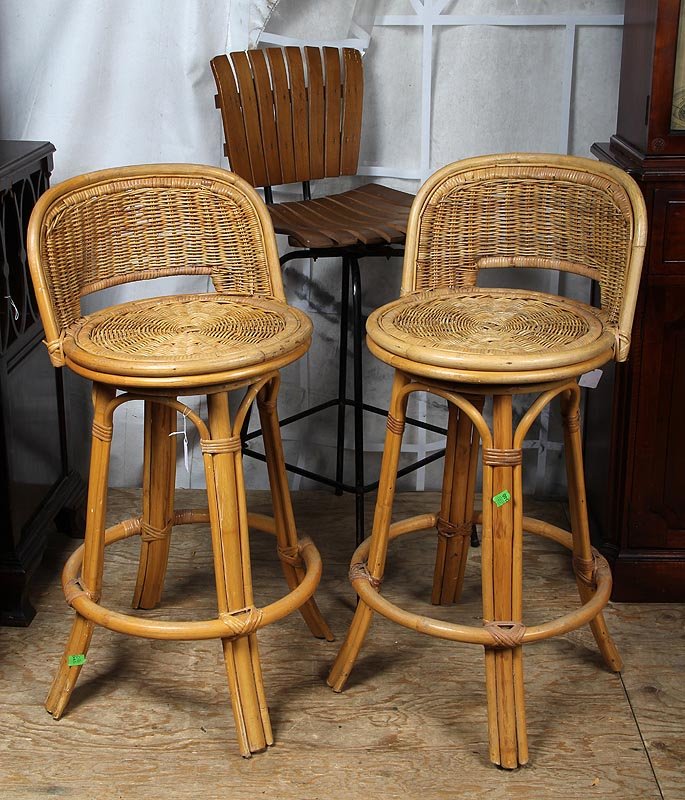 Group of (3) 20th century stools: Group of (3) 20th century stools to include: pair of wicker and rattan; and wood slat on metal frame and swivel seat, tallest 41-1/2''h.