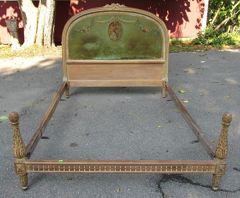 19th century continental polychromed bed frame: 19th century continental polychromed bed frame with double portrait painting on headboard and carved foliate detailing, headboard 51''h, 58''w; one siderail needs repair, headboard with repainting and