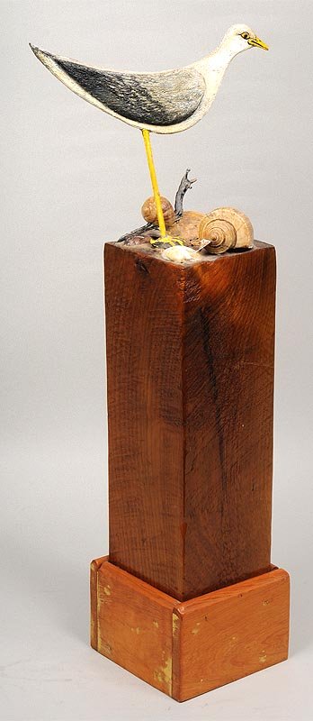 Folky pylon with carved seagull and sea shells: Folky pylon with carved seagull and sea shells, 33''h.