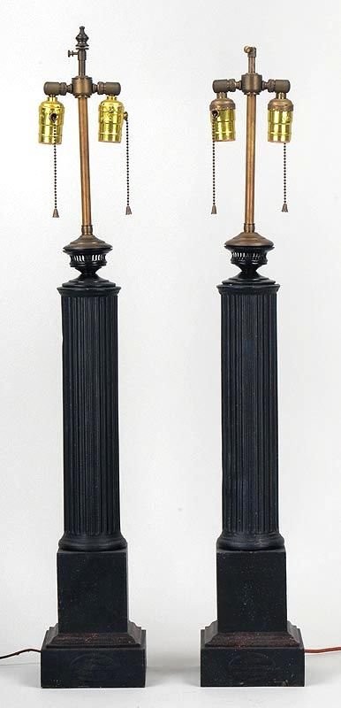 Pair of French tole fluted column table lamps with oval: Pair of French tole fluted column table lamps with oval plaques reading ''LAMPE-SILVANT, PAR BRE.ET. D'INV, INDUSTRIE FRANCAISE AVEC GARANTIE'', with serial numbers ''M-10154'' and ''M-10655'', 33-1/4