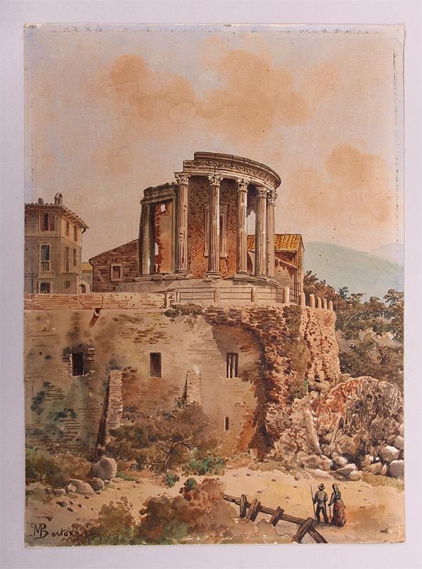 MASSIMILIANO BERTOZZI (Italian, 19th century), ruins at: MASSIMILIANO BERTOZZI (Italian, 19th century), ruins at Tivoli, watercolor, signed lower left 14''h, 10-1/4''w; unframed, one corner bent, slight staining to sky.