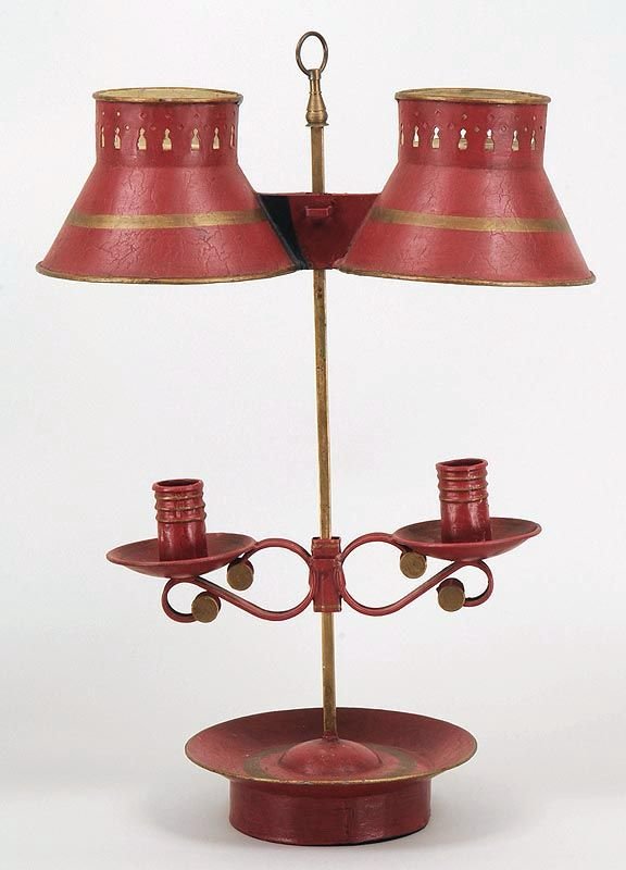 Boulette painted two candle tole metal lamp, 19-1/2''h,: Boulette painted two candle tole metal lamp, 19-1/2''h, 14''w, 7-1/2''d; shows minor wear from use..