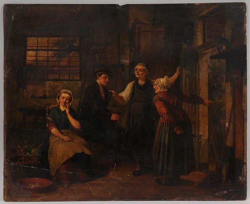 Continental School (19th century), interior scene with: Continental School (19th century), interior scene with women showing a young man out, oil on panel, appears to be signed lower right, 18-1/4''h, 22-1/2''w; unframed, loss to panel along top.
