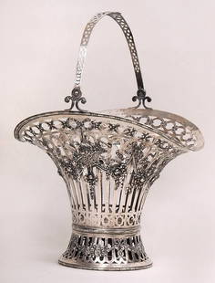 Large early 20th century German 800 silver wedding: Large early 20th century German 800 silver wedding basket, Friedrich Reusswig hallmark, 20''h, 14''w, 13''d, 47.7 troy oz.