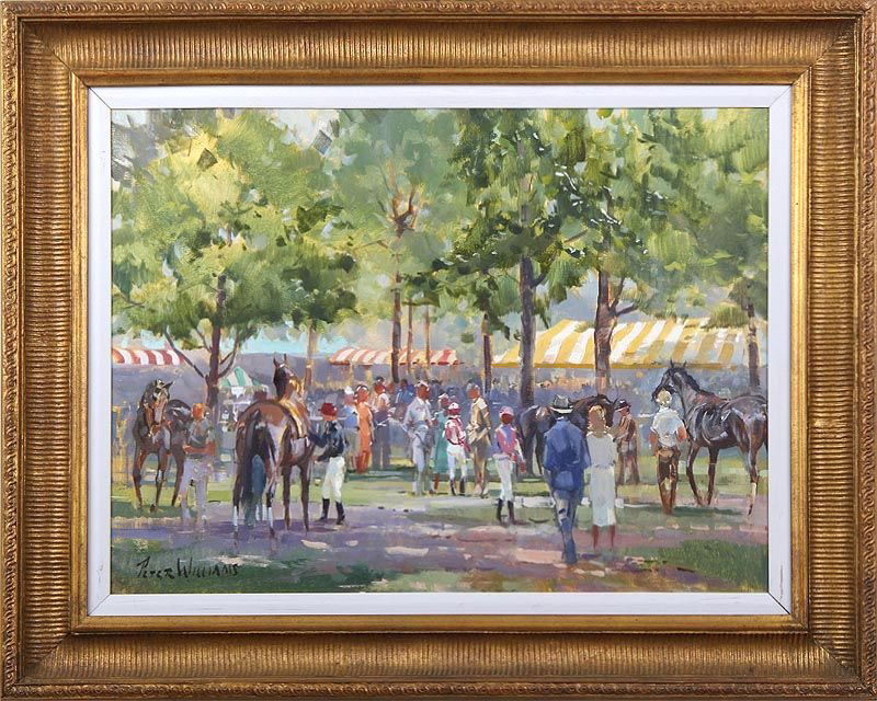 PETER WILLIAMS (American, b. 1934), racetrack scene,: PETER WILLIAMS (American, b. 1934), racetrack scene, oil on canvas, signed lower left,18''h, 24''w.