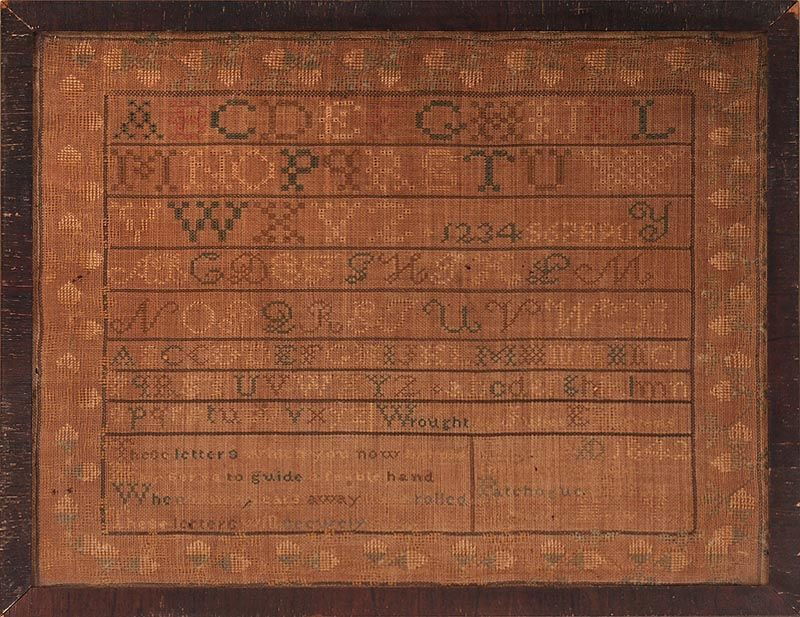 19th century American alphabet sampler ''wrought by: 19th century American alphabet sampler ''wrought by Juliet E. Mavens'' with strawberry border and saying ''These letters which you now behold, may serve to guide a feeble hand, when many years away ha