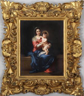 KPM mother and child painted porcelain plaque,: KPM mother and child painted porcelain plaque, impressed KPM mark, titled ''Virgine col Bambino L'apres Murillo'' and inscription to verso, 13''h, 10-1/2''w.