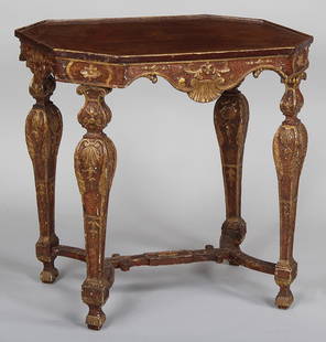 Small 18th century Continental carved polychrome and: Small 18th century Continental carved polychrome and gilt decorated occasional table with later chinoiserie decorated top, 29-3/4''h, 29-1/4''w, 20-1/4''d. Provenance: Phipps Family, Long Island , New