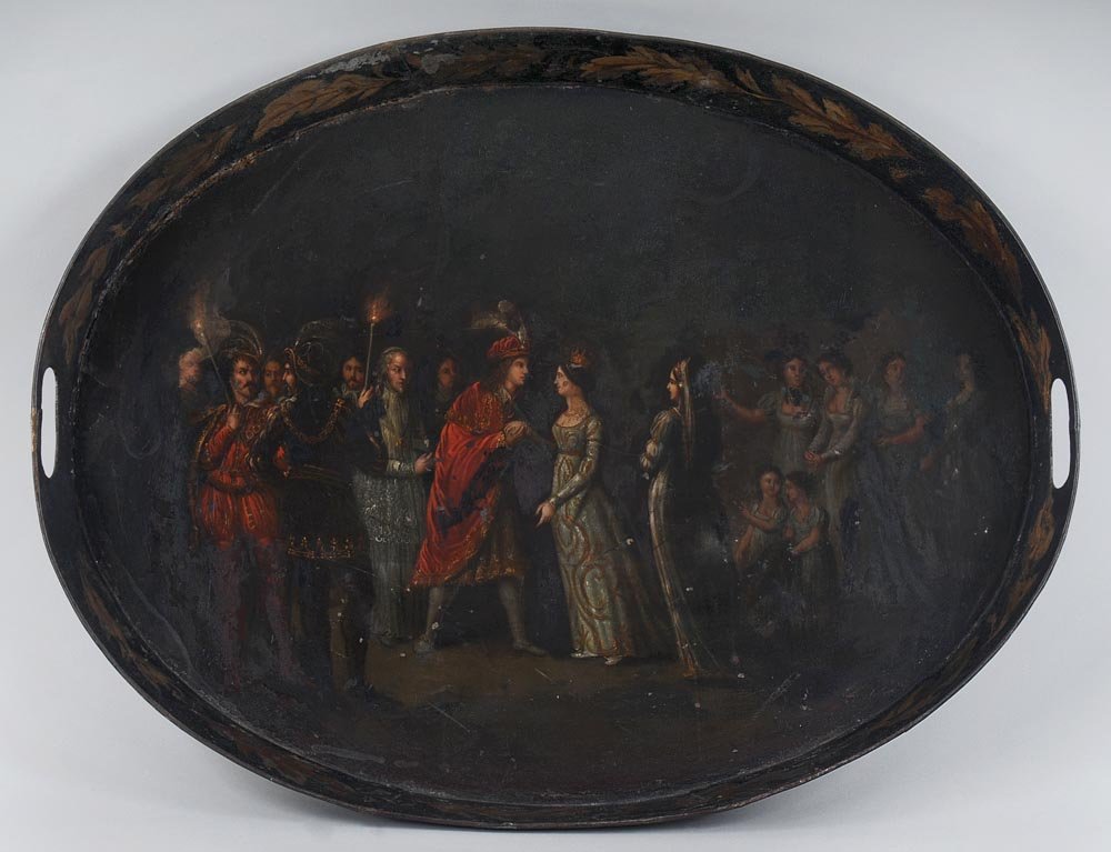 Painted tole tray with marriage scene, 2''h, 24''w,: Painted tole tray with marriage scene, 2''h, 24''w, 19''d; repairs, edge of tray lifting from base, wear.