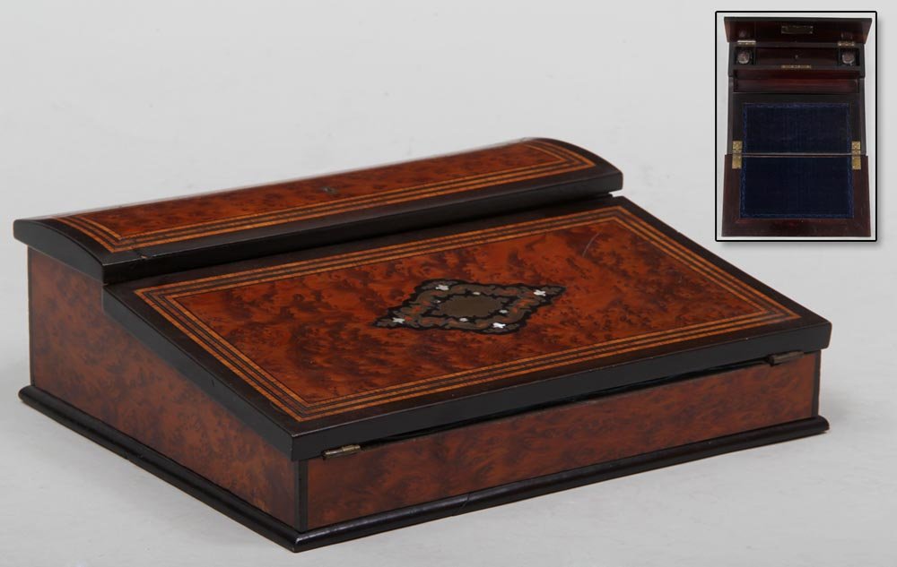 Lap desk with mother of pearl and metal inlay, two ink: Lap desk with mother of pearl and metal inlay, two ink bottles, 4''h, 13''h, 11''w; losses to molding and veneer.