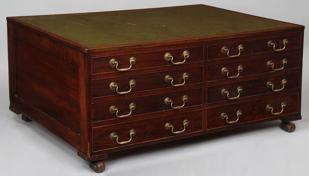 English mahogany four drawer map chest with green: English mahogany four drawer map chest with green leather top, 23-1/4''h, 51-3/4''w, 36''d. Provenance: Phipps Family, Long Island , New York.