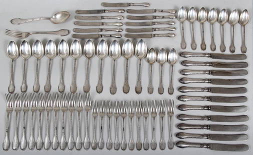 Early 20th century Russian silver flatware set to: Early 20th century Russian silver flatware set to include: (11) table spoons, (11) dinner forks, (11) dinner knives (steel blades), (10) dessert spoons, (11) luncheon forks, (11) luncheon knives (stee