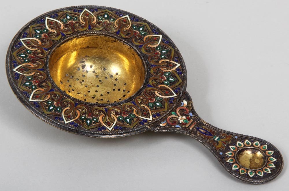 Early 20th century Russian silver and enamel tea: Early 20th century Russian silver and enamel tea strainer, gold wash, Moscow, 1907-1917, marked 84, marker's mark ''llA'', 6''l, approximately 2.8 troy oz.