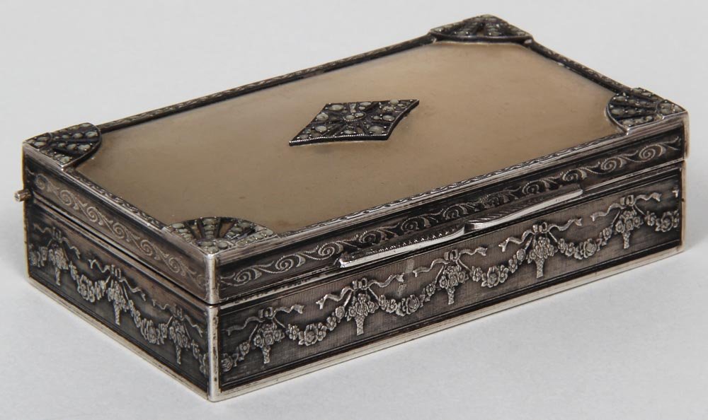 935 silver and rock crystal box with marcasite: 935 silver and rock crystal box with marcasite decoration, approximately 2.2 troy oz., 3/4''H, 2-1/2''w, 1-1/2''d.