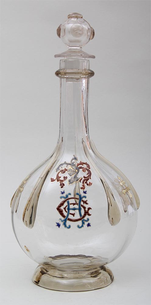 Emile Galle French hand blown glass decanter with: Emile Galle French hand blown glass decanter with stopper and enameled knight decoration, signed ''Emile Galle, Nancy'' to base, 11-3/4''h; repairs to enamel, chips to base of stopper.