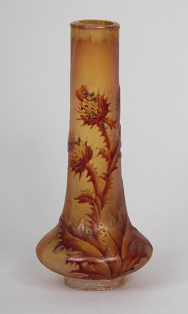 Daum Nancy diminutive cameo glass vase with red cacti: Daum Nancy diminutive cameo glass vase with red cacti design and gilt highlights, gilt signed ''Daum Nancy'' to bottom, 5''h; flakes to foot.