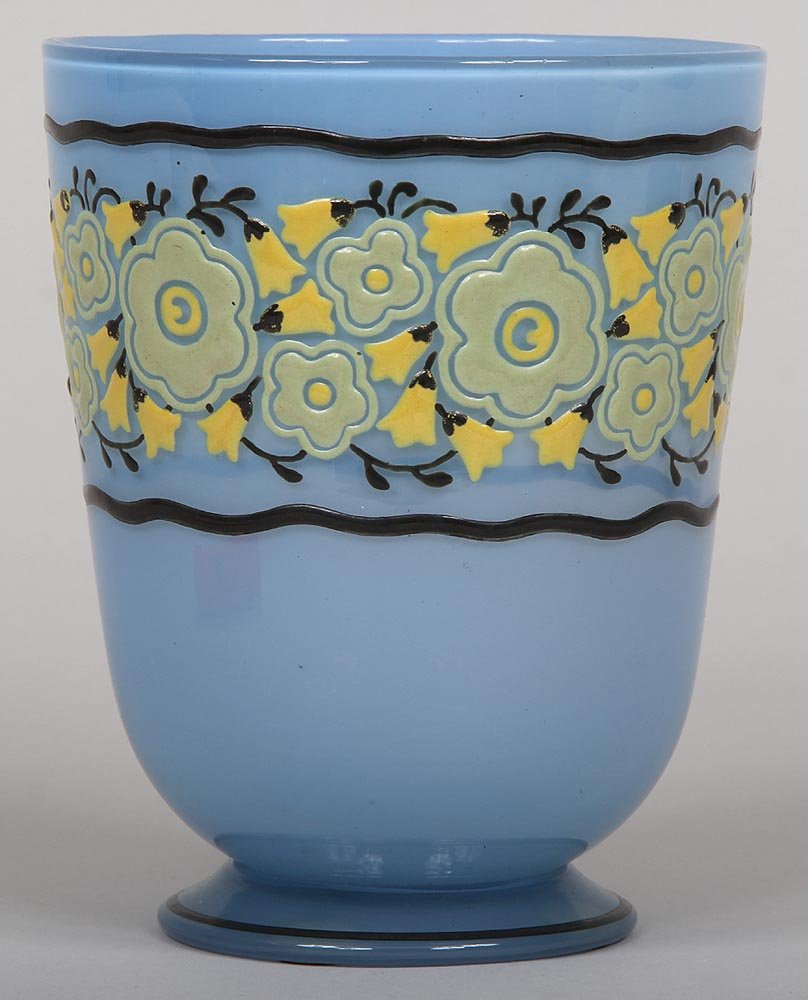 Daum Nancy blue glass vase with enamel yellow and green: Daum Nancy blue glass vase with enamel yellow and green floral decoration, signed ''Daum Nancy'' on bottom, 6-3/4''h.