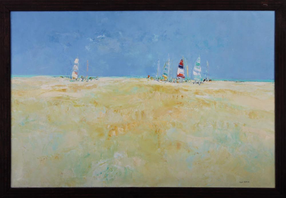 JACQUES CORDIER (French, 1937-1975), sailboats on the: JACQUES CORDIER (French, 1937-1975), sailboats on the water, oil on canvas, signed lower right, dated 1969 to verso, 38-1/2''h, 57-1/2''w.