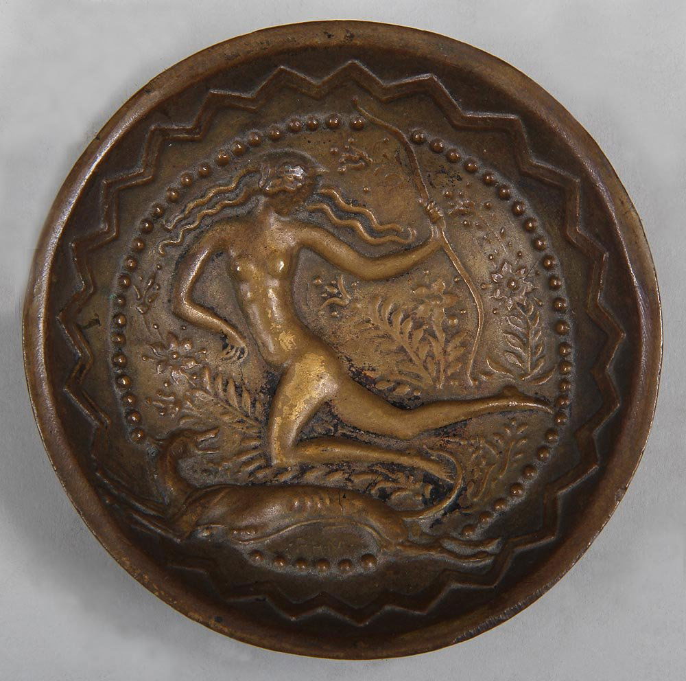 PAUL HOWARD MANSHIP (American, 1885-1966), bronze small: PAUL HOWARD MANSHIP (American, 1885-1966), bronze small dish, woman with bow and dog in high relief, signature and foundry mark ''Roman Bronze works, cir purdue cast, NY'' to base, 1''h, 3-3/4''w; wea